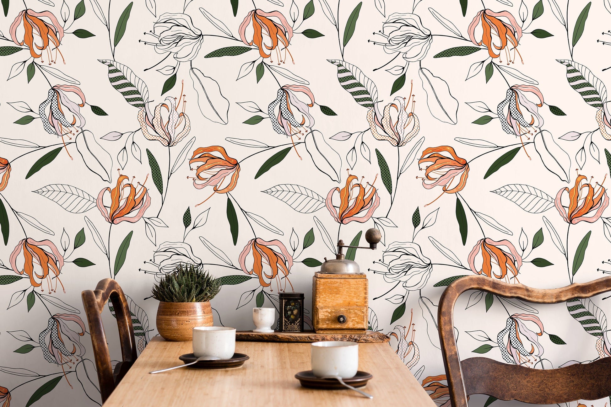 Boho Lily Flower Wallpaper / Peel and Stick Wallpaper Removable Wallpaper Home Decor Wall Art Wall Decor Room Decor - D199