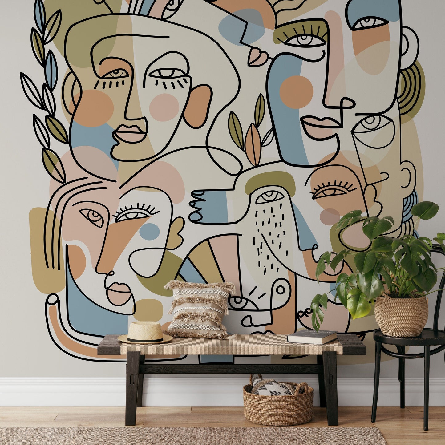 Contemporary Line Art Faces Wallpaper Abstract Mural Peel and Stick Wallpaper Home Decor - D558