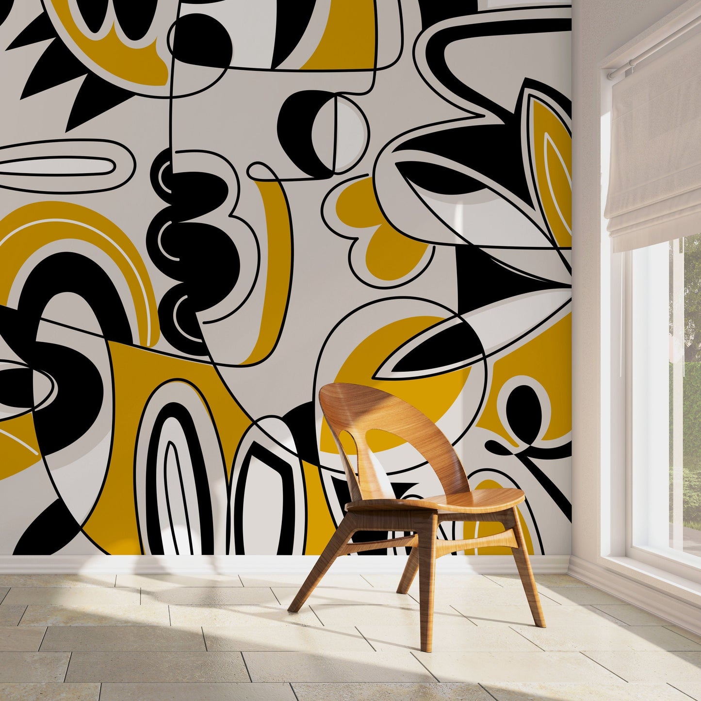 Black and Yellow Modern Wallpaper Abstract Mural Peel and Stick Wallpaper Home Decor - D560