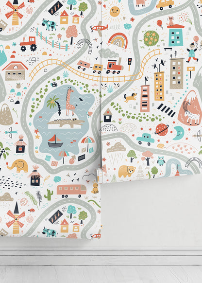 Colorful Town Map Wallpaper / Peel and Stick Wallpaper Removable Wallpaper Home Decor Wall Art Wall Decor Room Decor - D504