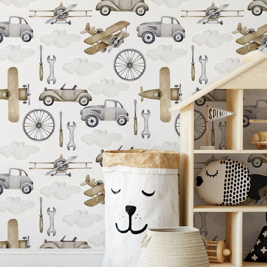 Neutral Airplanes and Cars Wallpaper / Peel and Stick Wallpaper Removable Wallpaper Home Decor Wall Art Wall Decor Room Decor - D528