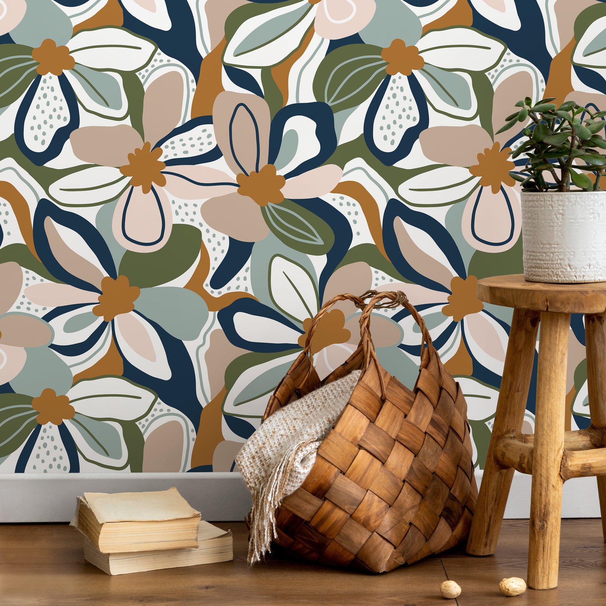 Retro Floral Wallpaper Fun Wallpaper Peel and Stick and Traditional Wallpaper - D657