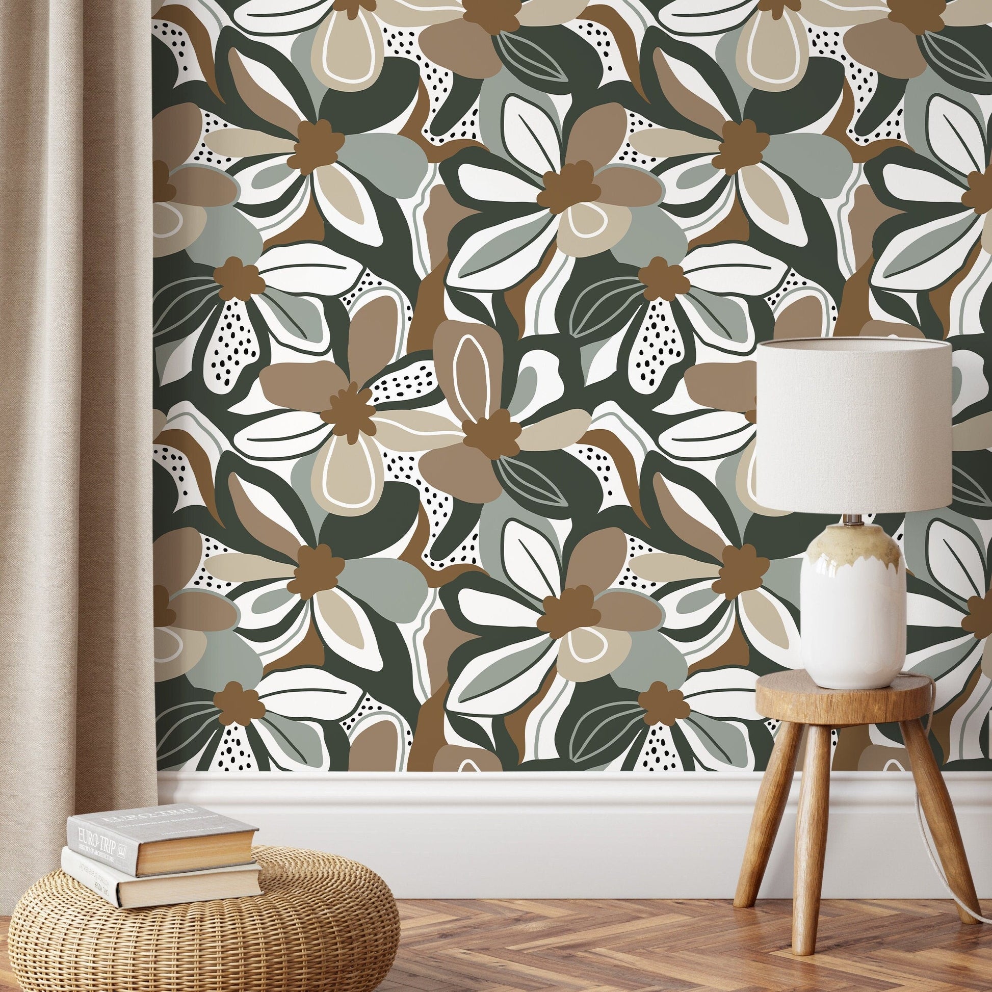 Taupe Floral Wallpaper Fun Wallpaper Peel and Stick and Traditional Wallpaper - D658