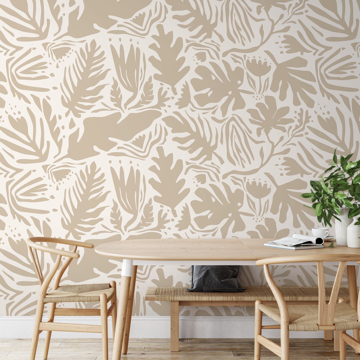 Neutral Leaf Abstract Wallpaper Boho Wallpaper Peel and Stick and Traditional Wallpaper - D665