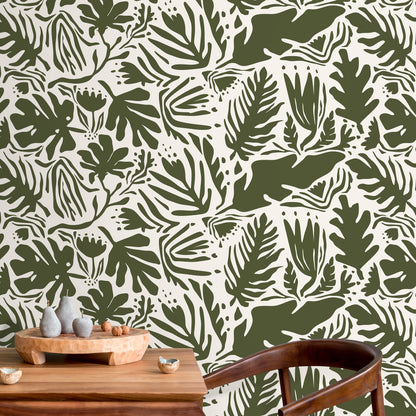 Dark Green Leaf Abstract Wallpaper Boho Wallpaper Peel and Stick and Traditional Wallpaper - D667