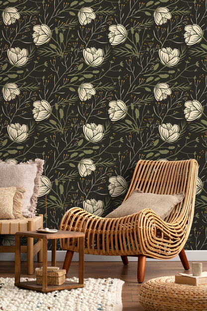 Dark Floral Scandinavian Wallpaper / Peel and Stick Wallpaper Removable Wallpaper Home Decor Wall Art Wall Decor Room Decor - D149