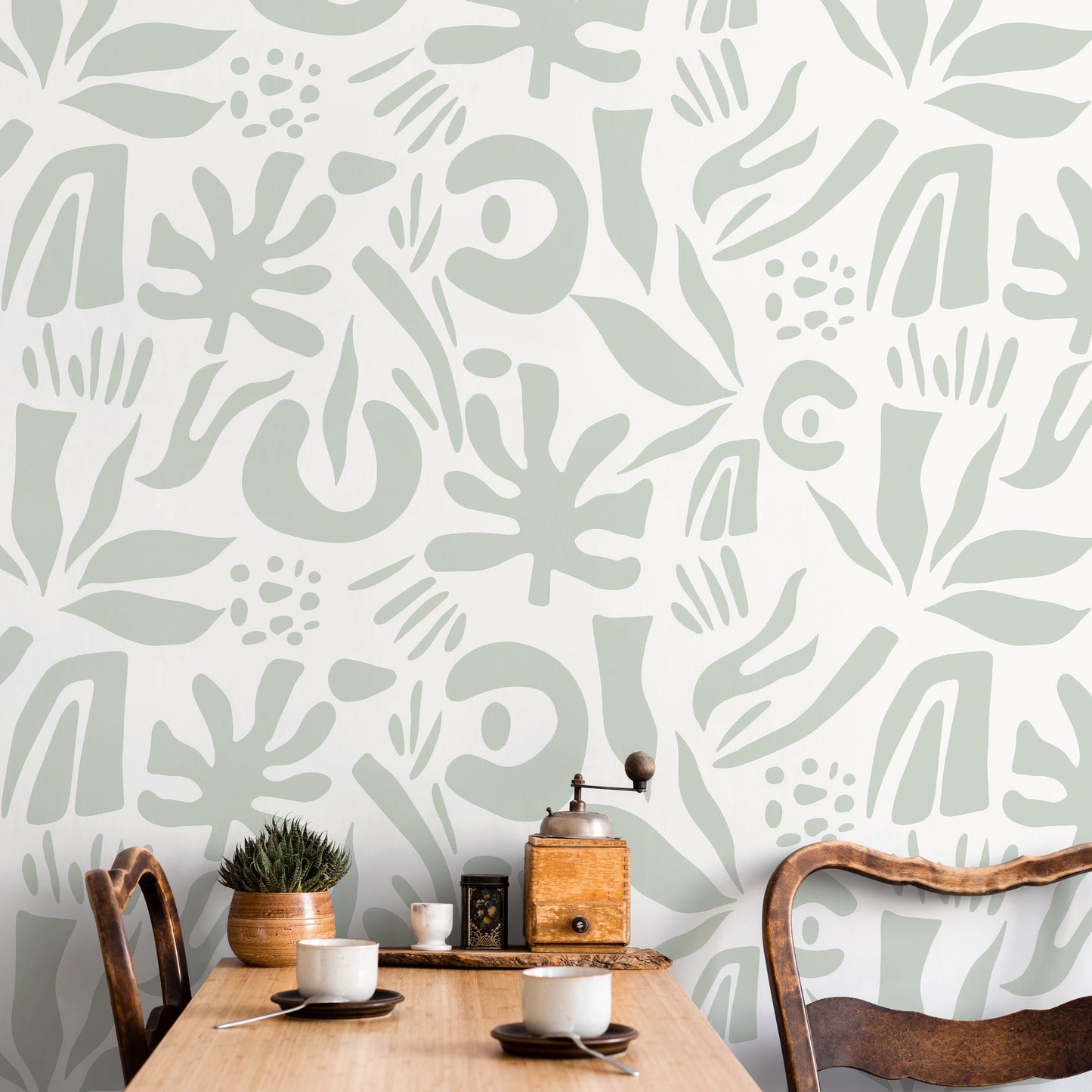 Mint Abstract Leaf Wallpaper Boho Wallpaper Peel and Stick and Traditional Wallpaper - D687