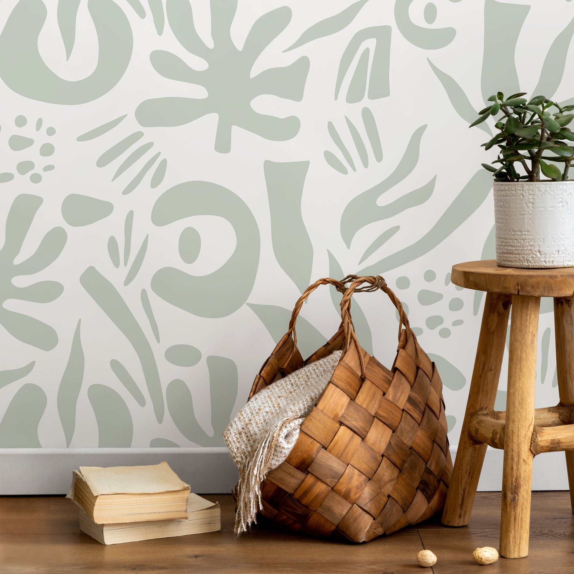 Mint Abstract Leaf Wallpaper Boho Wallpaper Peel and Stick and Traditional Wallpaper - D687