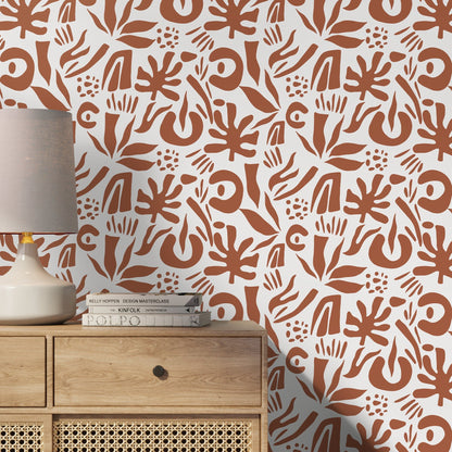 Terracotta Abstract Leaf Wallpaper Boho Wallpaper Peel and Stick and Traditional Wallpaper - D689