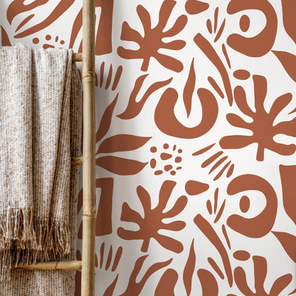 Terracotta Abstract Leaf Wallpaper Boho Wallpaper Peel and Stick and Traditional Wallpaper - D689