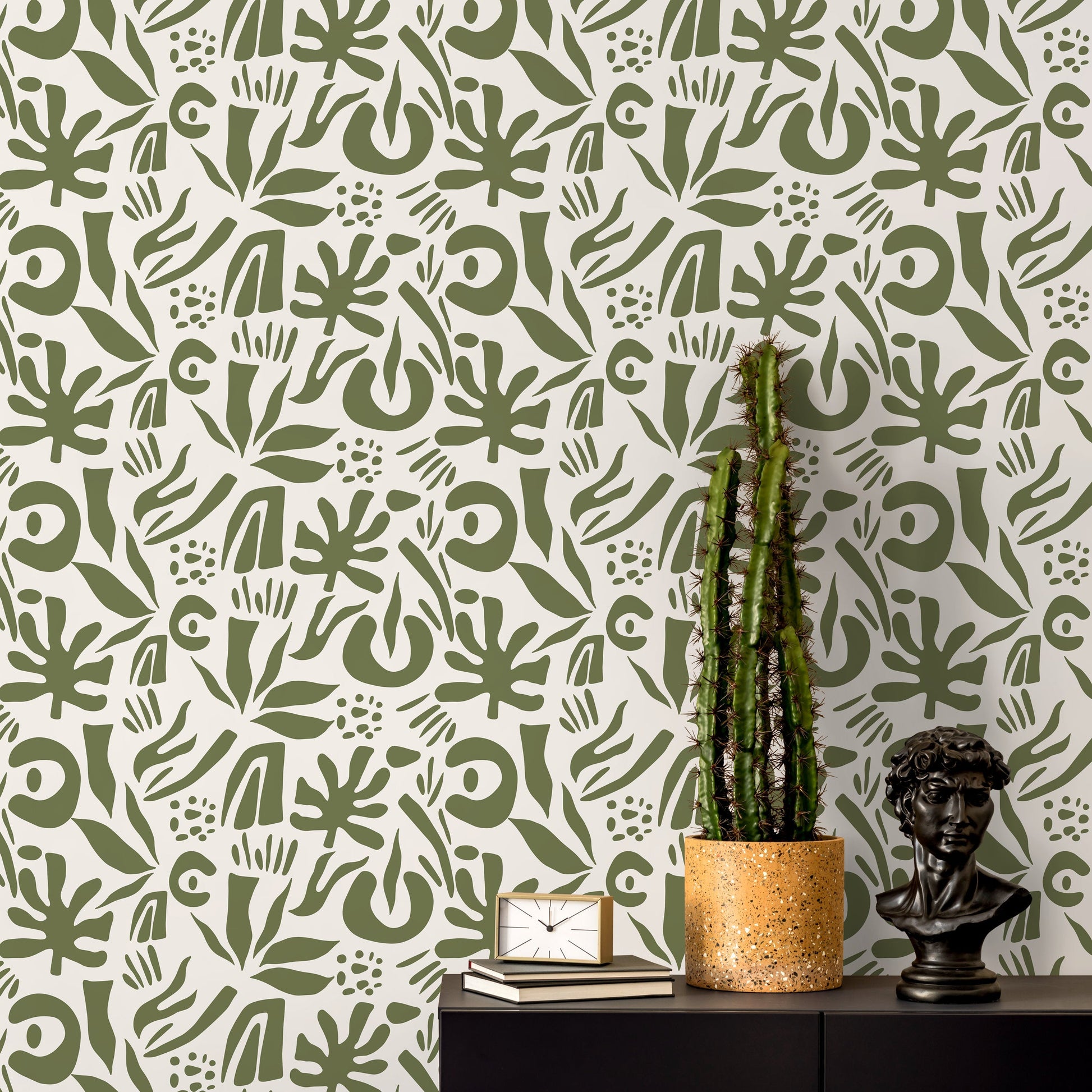 Green Abstract Leaf Wallpaper Boho Wallpaper Peel and Stick and Traditional Wallpaper - D690