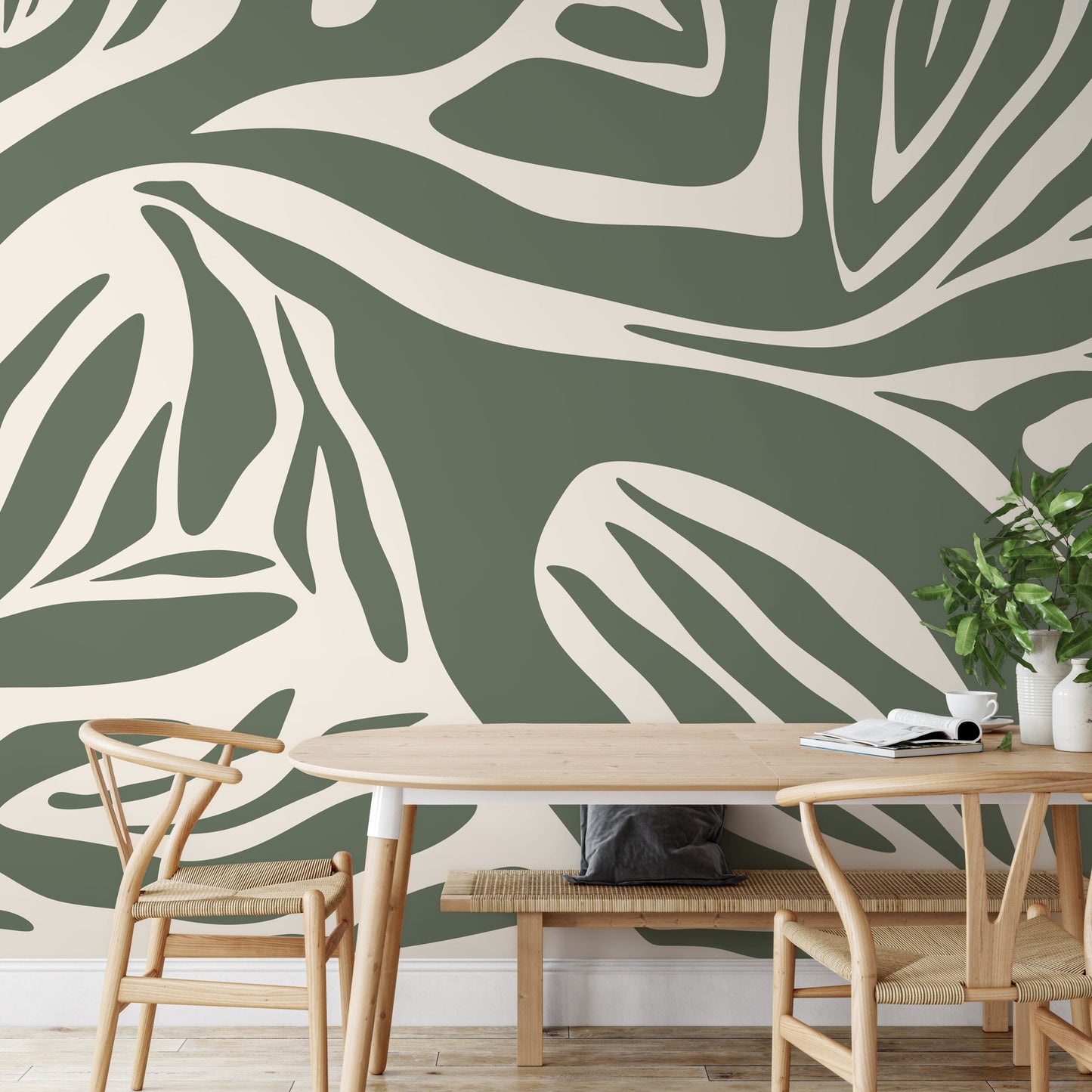 Olive Green Abstract Wallpaper Contemporary Mural Peel and Stick and Traditional Wallpaper - D691