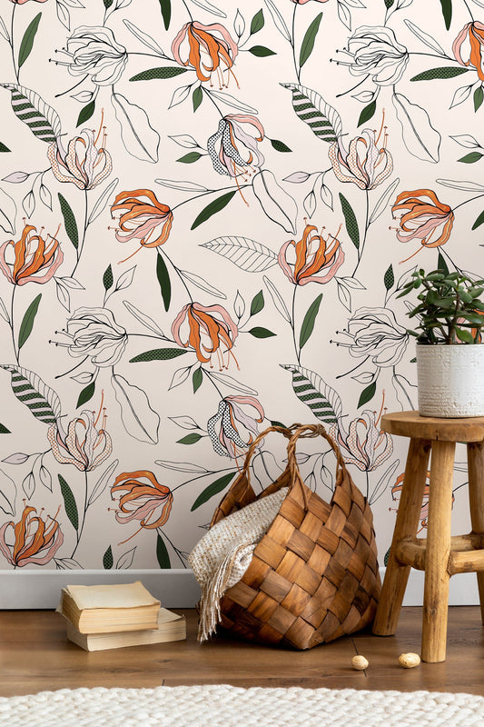 Boho Lily Flower Wallpaper / Peel and Stick Wallpaper Removable Wallpaper Home Decor Wall Art Wall Decor Room Decor - D199