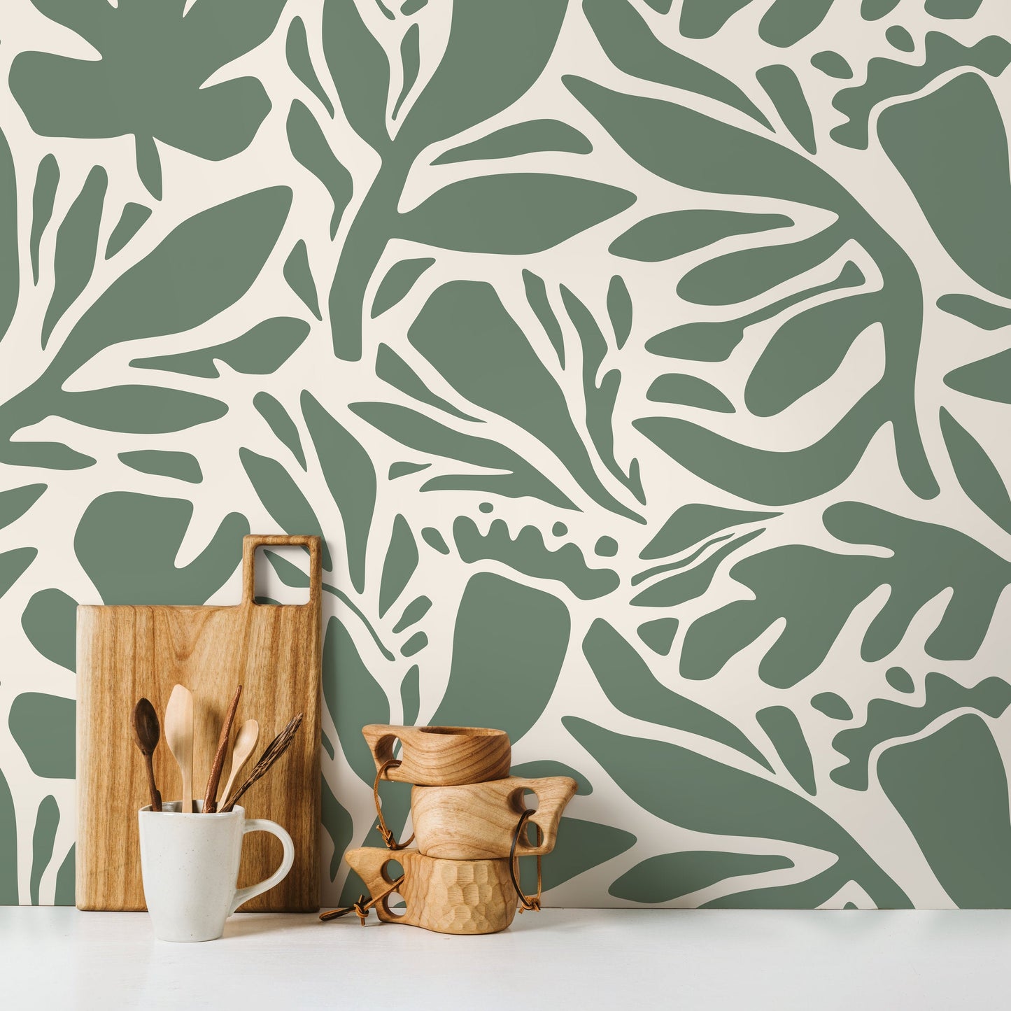 Sage Green Leaves Wallpaper Abstract Wallpaper Peel and Stick and Traditional Wallpaper - D697