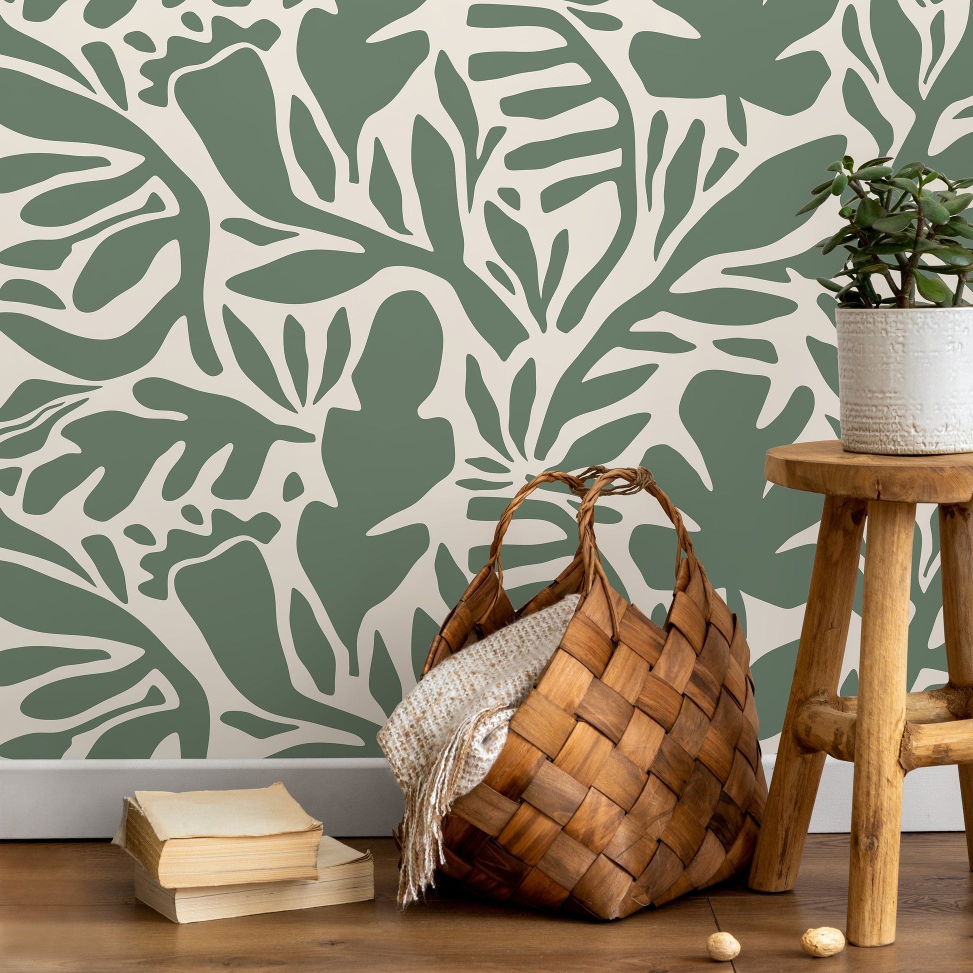 Sage Green Leaves Wallpaper Abstract Wallpaper Peel and Stick and Traditional Wallpaper - D697