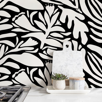 Black and White Floral Wallpaper Abstract Wallpaper Peel and Stick and Traditional Wallpaper - D703