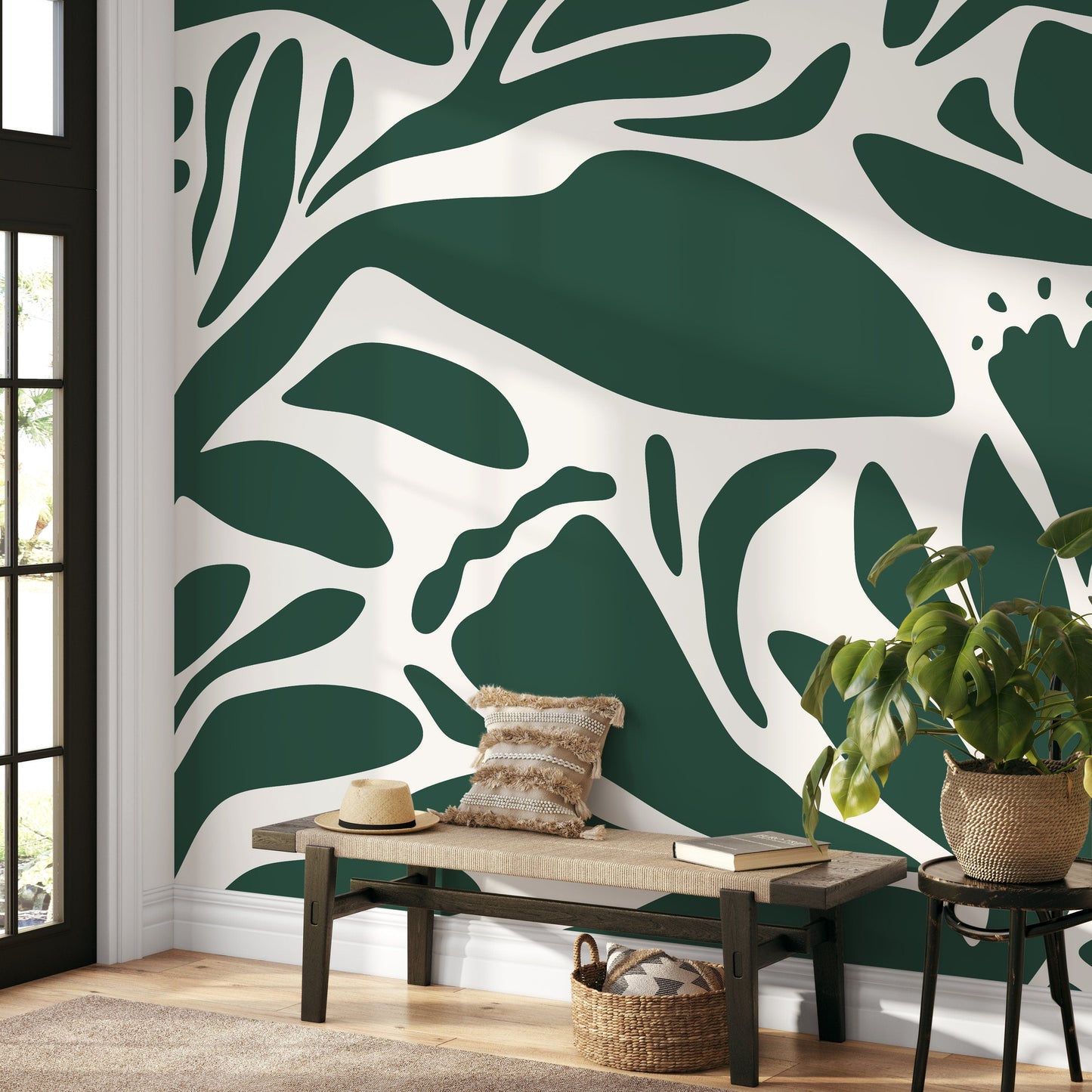 Dark Green Floral Mural Abstract Wallpaper Peel and Stick and Traditional Wallpaper - D705