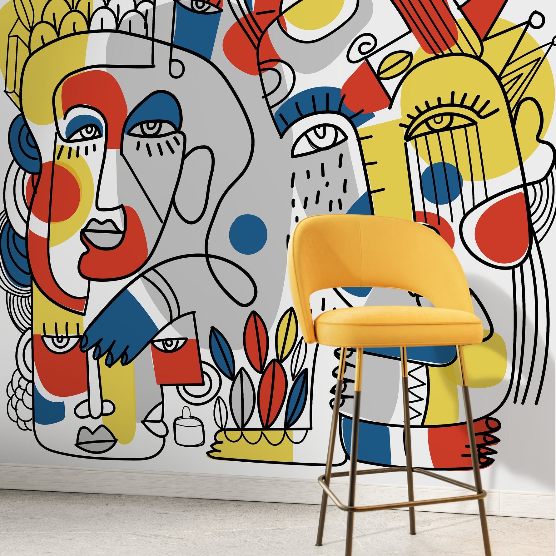 Unique Line Art Faces Wallpaper Abstract Mural Peel and Stick Wallpaper Home Decor - D556