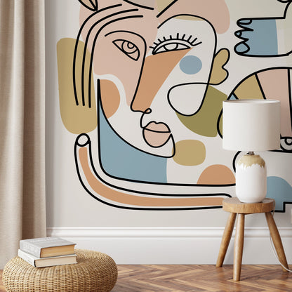 Contemporary Line Art Faces Wallpaper Abstract Mural Peel and Stick Wallpaper Home Decor - D558