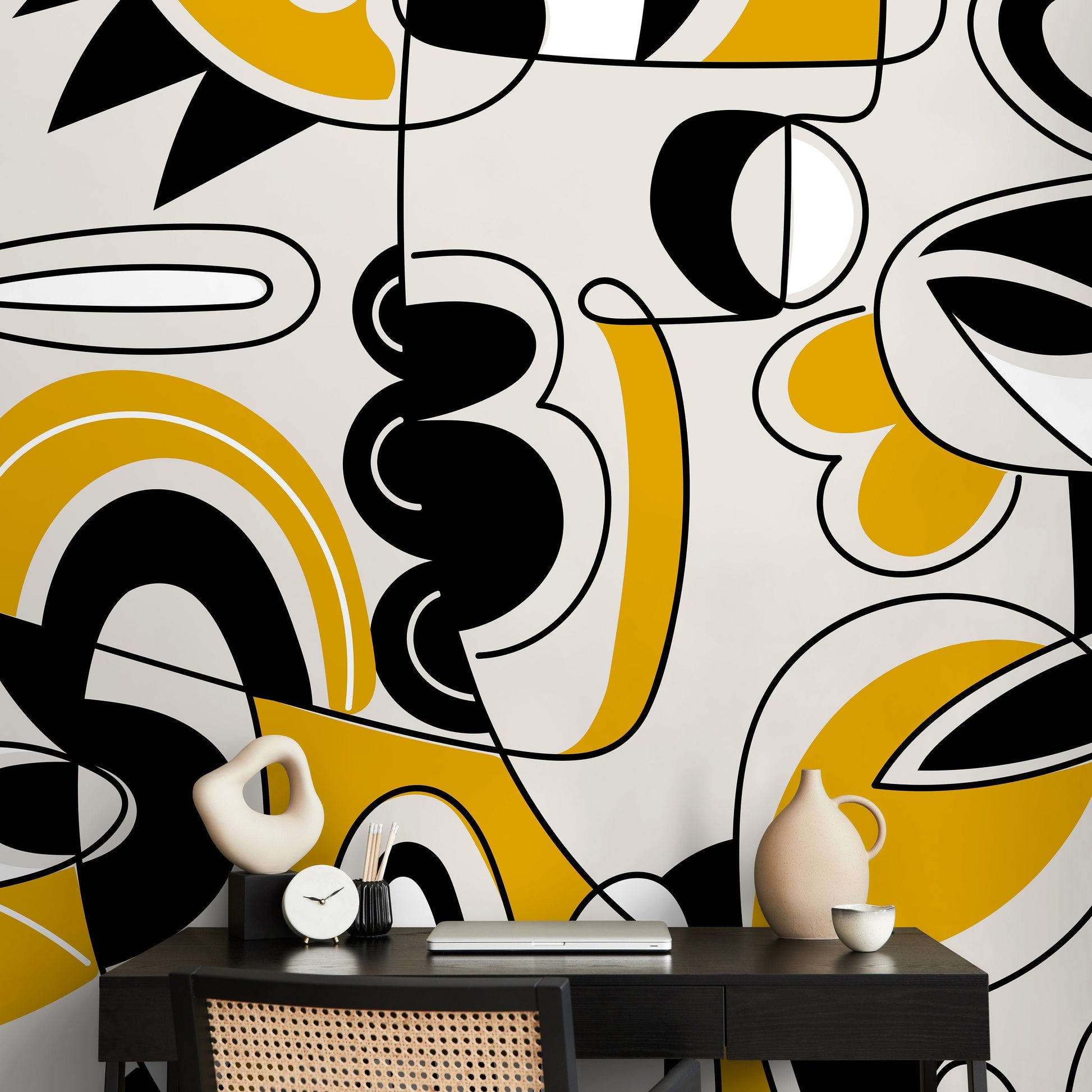 Black and Yellow Modern Wallpaper Abstract Mural Peel and Stick Wallpaper Home Decor - D560