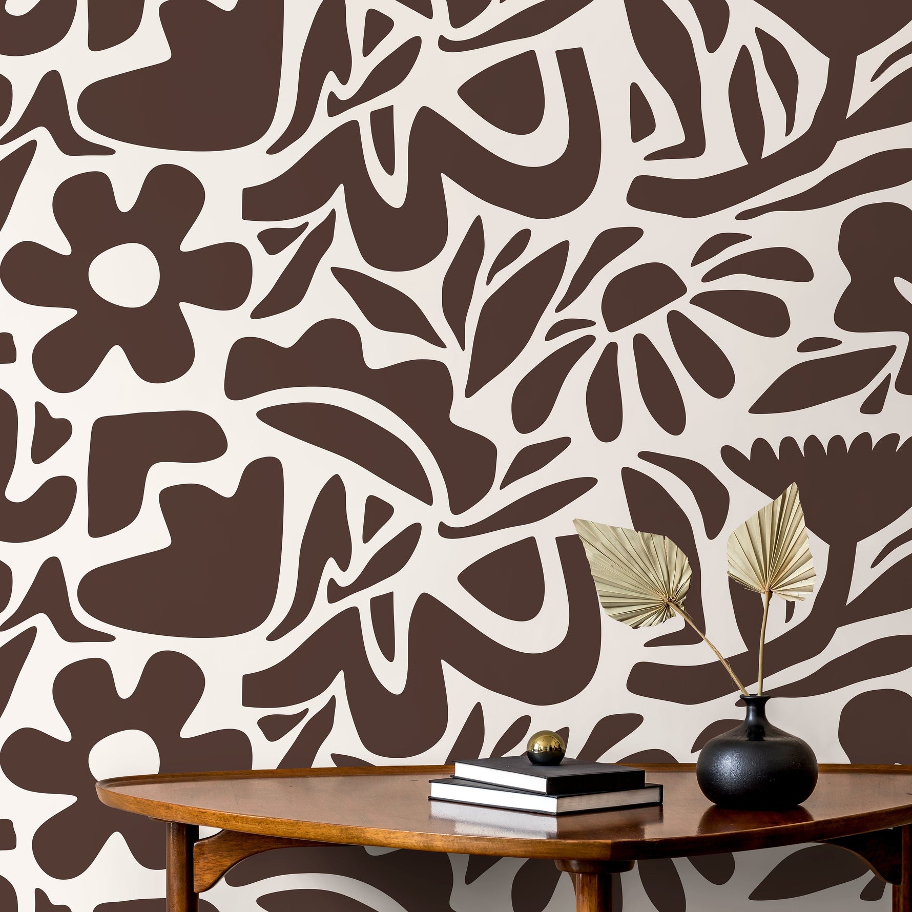 Brown Abstract Wallpaper Boho Floral Wallpaper Peel and Stick and Traditional Wallpaper - D673