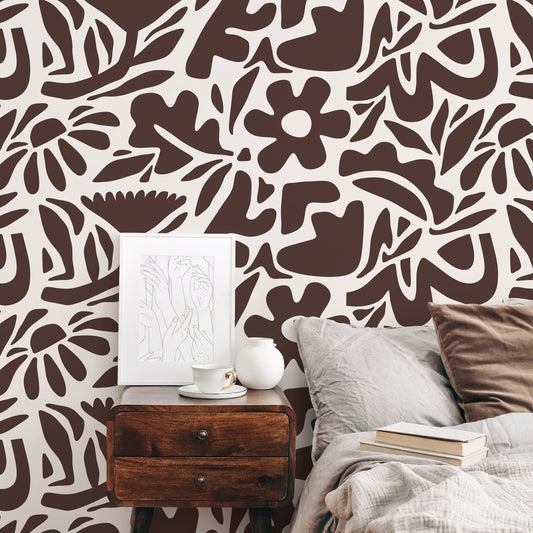 Brown Abstract Wallpaper Boho Floral Wallpaper Peel and Stick and Traditional Wallpaper - D673