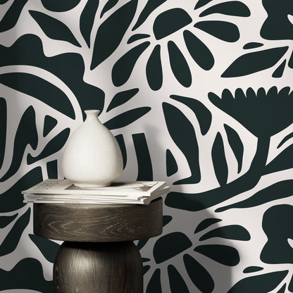 Dark Green Abstract Wallpaper Boho Floral Wallpaper Peel and Stick and Traditional Wallpaper - D675