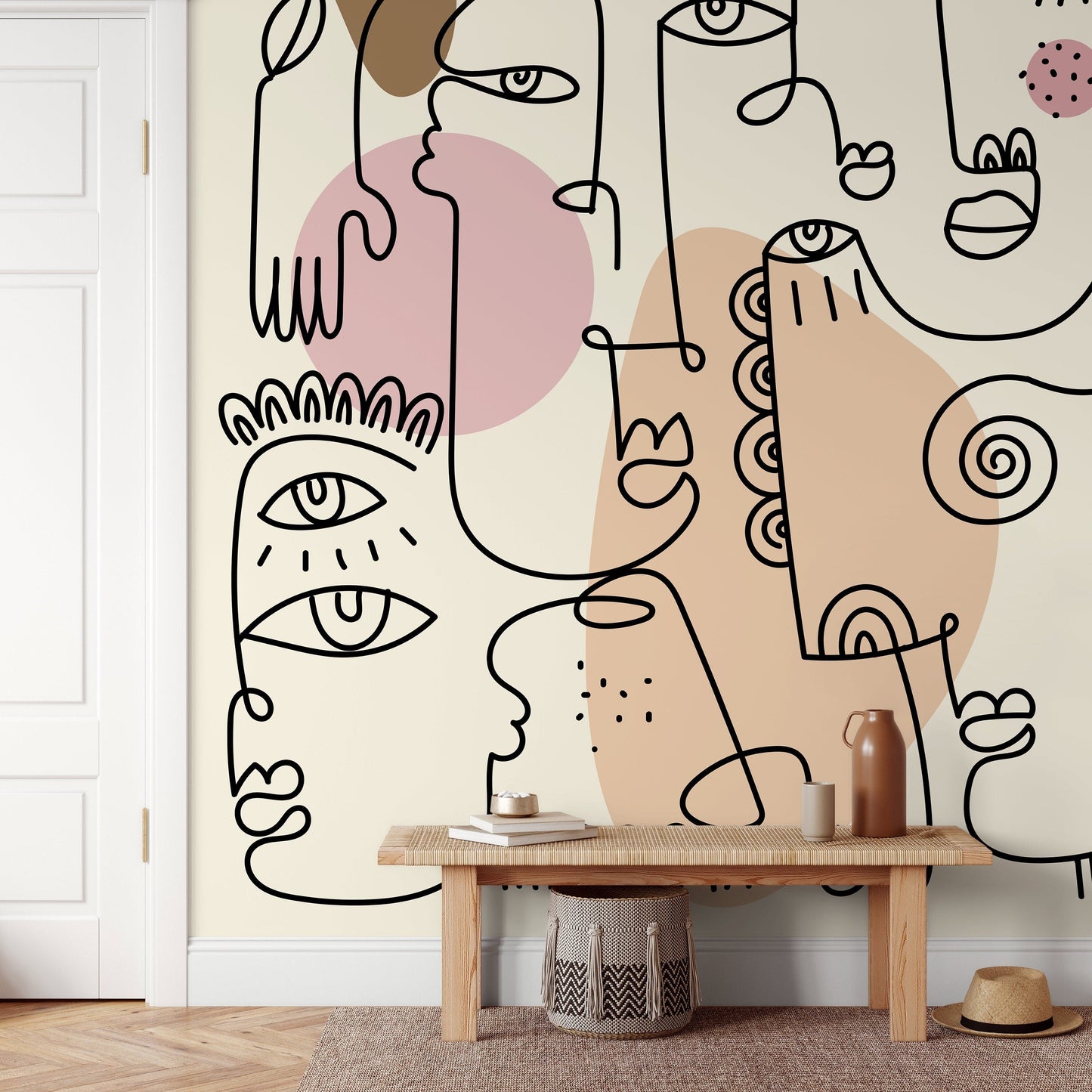 Abstract Faces Mural Modern Wallpaper Peel and Stick Wallpaper Home Decor - D600