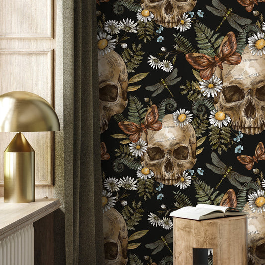 Dark Floral Wallpaper Fern and Skull Wallpaper Peel and Stick and Traditional Wallpaper - D829