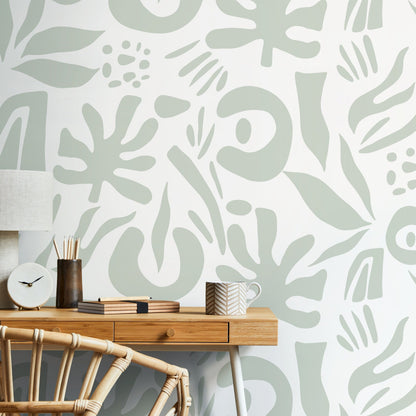 Mint Abstract Leaf Wallpaper Boho Wallpaper Peel and Stick and Traditional Wallpaper - D687