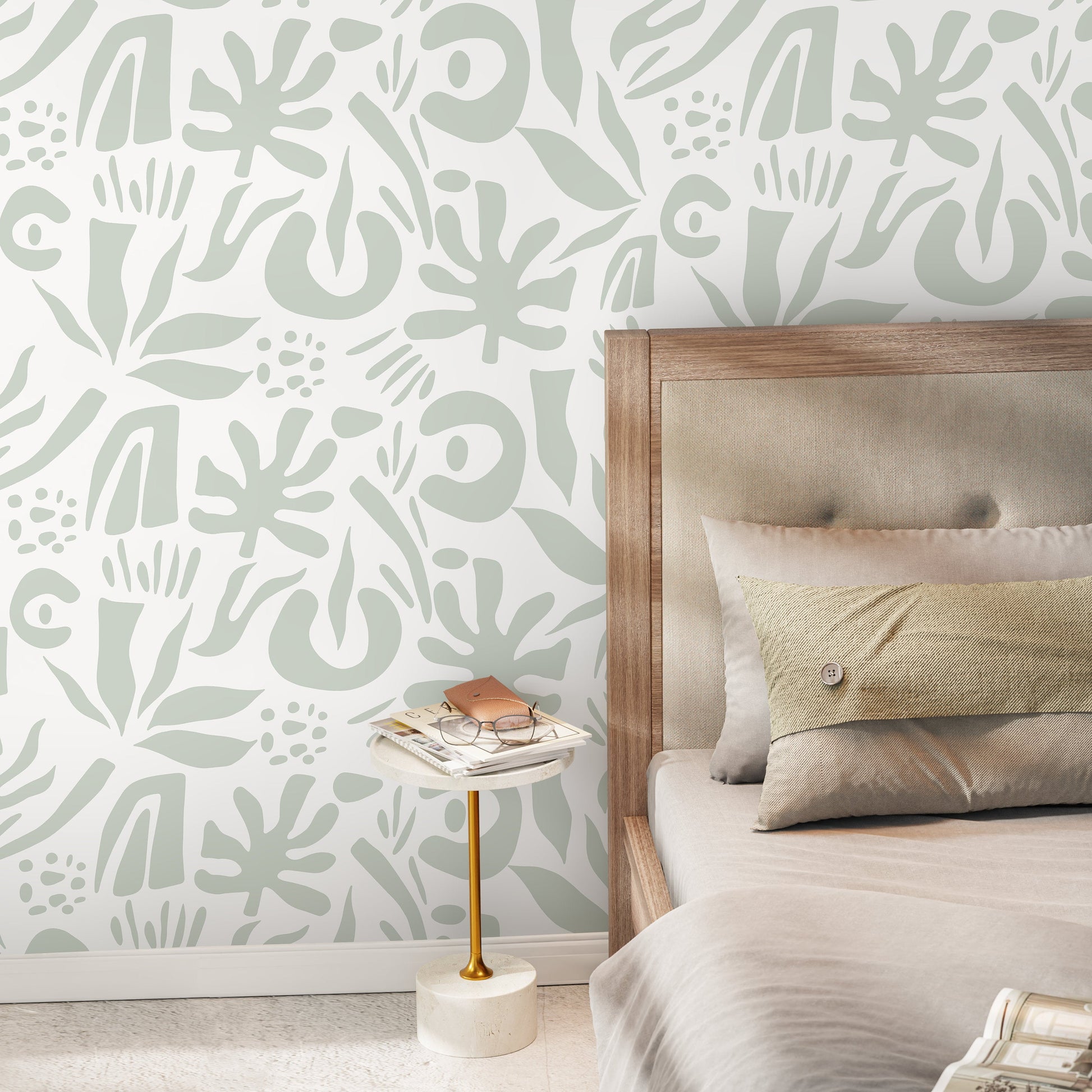 Mint Abstract Leaf Wallpaper Boho Wallpaper Peel and Stick and Traditional Wallpaper - D687