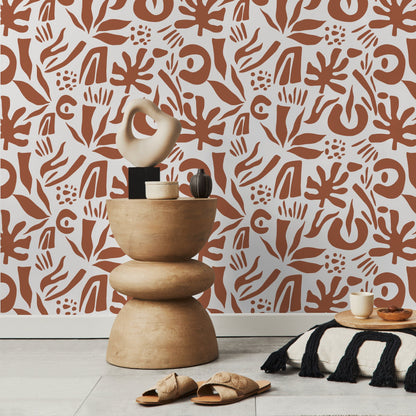 Terracotta Abstract Leaf Wallpaper Boho Wallpaper Peel and Stick and Traditional Wallpaper - D689