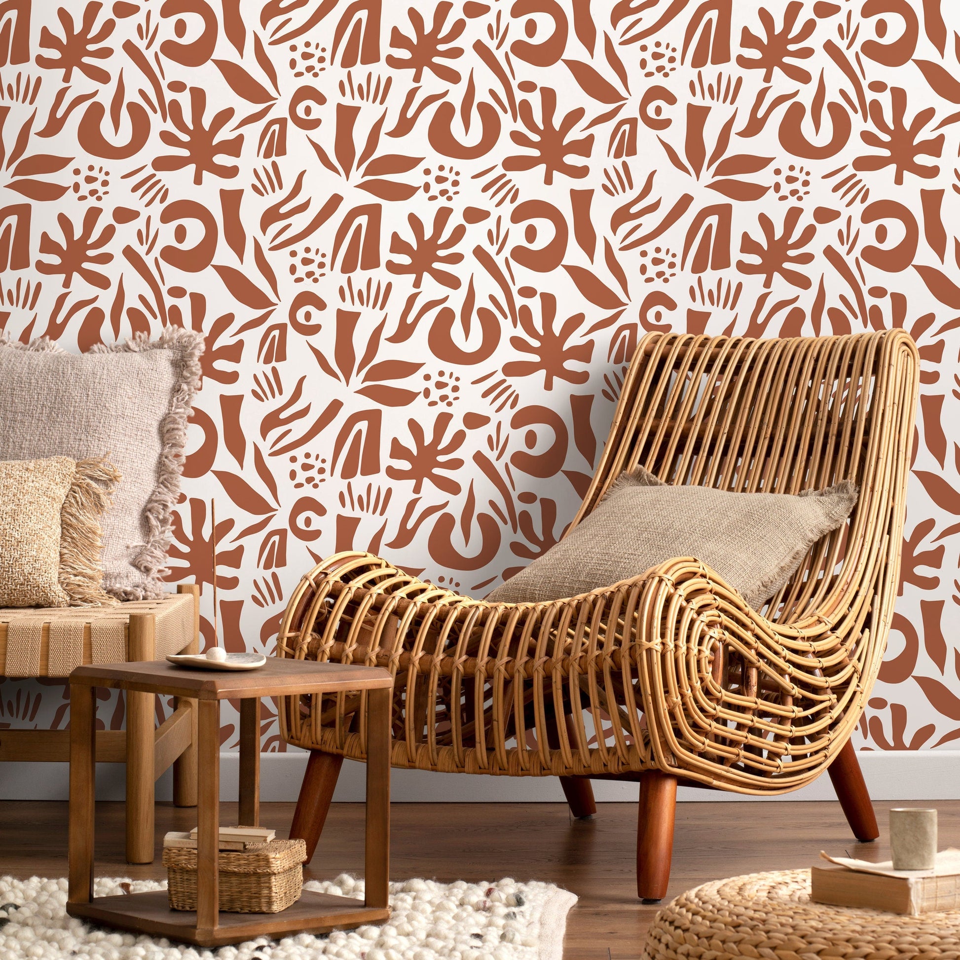 Terracotta Abstract Leaf Wallpaper Boho Wallpaper Peel and Stick and Traditional Wallpaper - D689