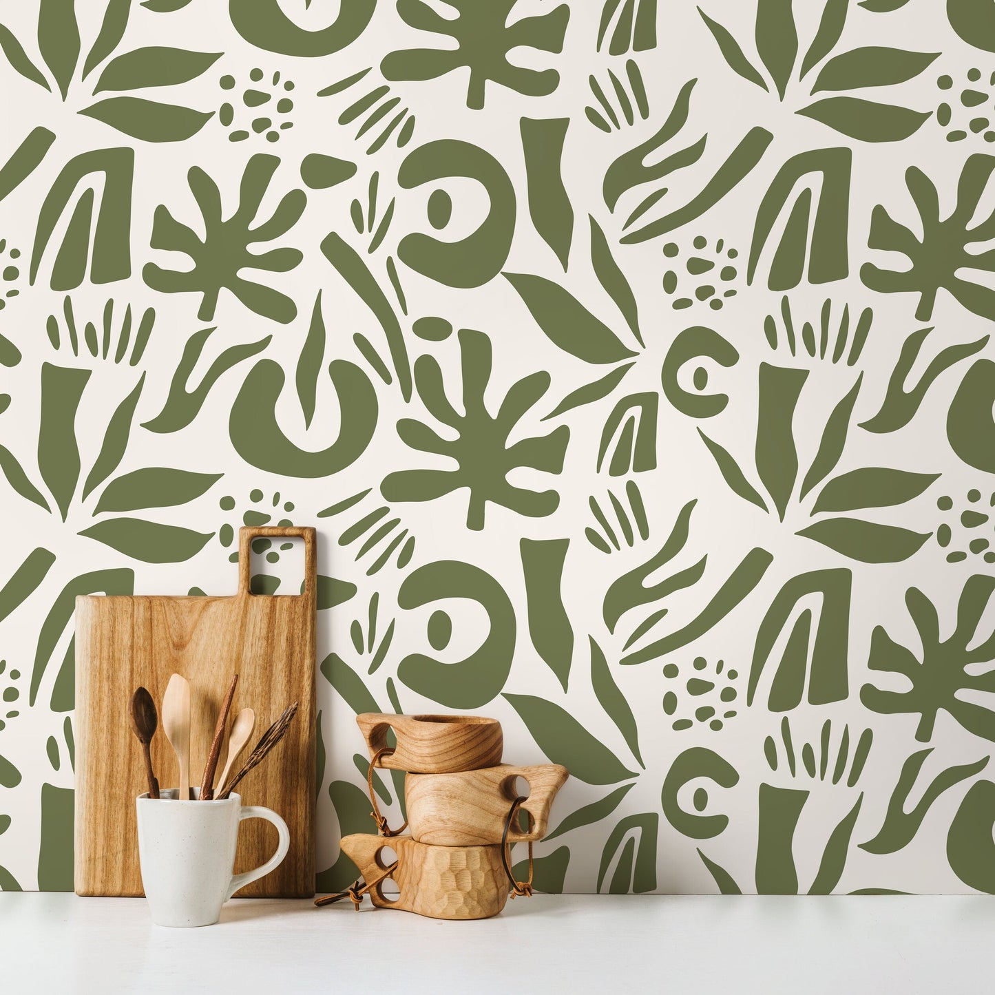 Green Abstract Leaf Wallpaper Boho Wallpaper Peel and Stick and Traditional Wallpaper - D690