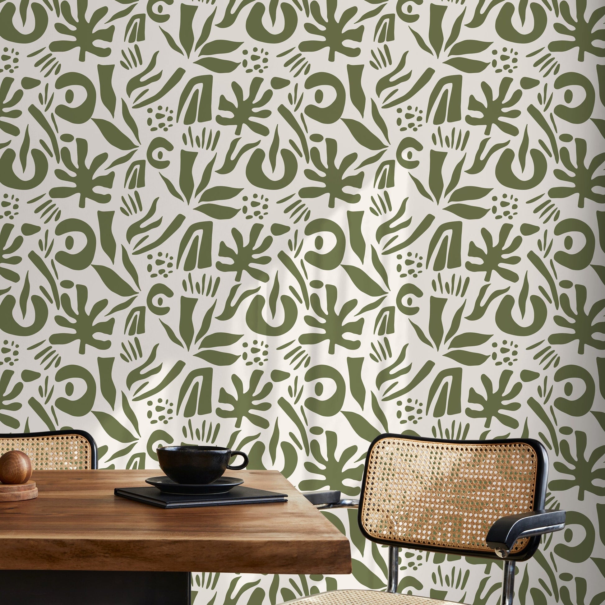 Green Abstract Leaf Wallpaper Boho Wallpaper Peel and Stick and Traditional Wallpaper - D690