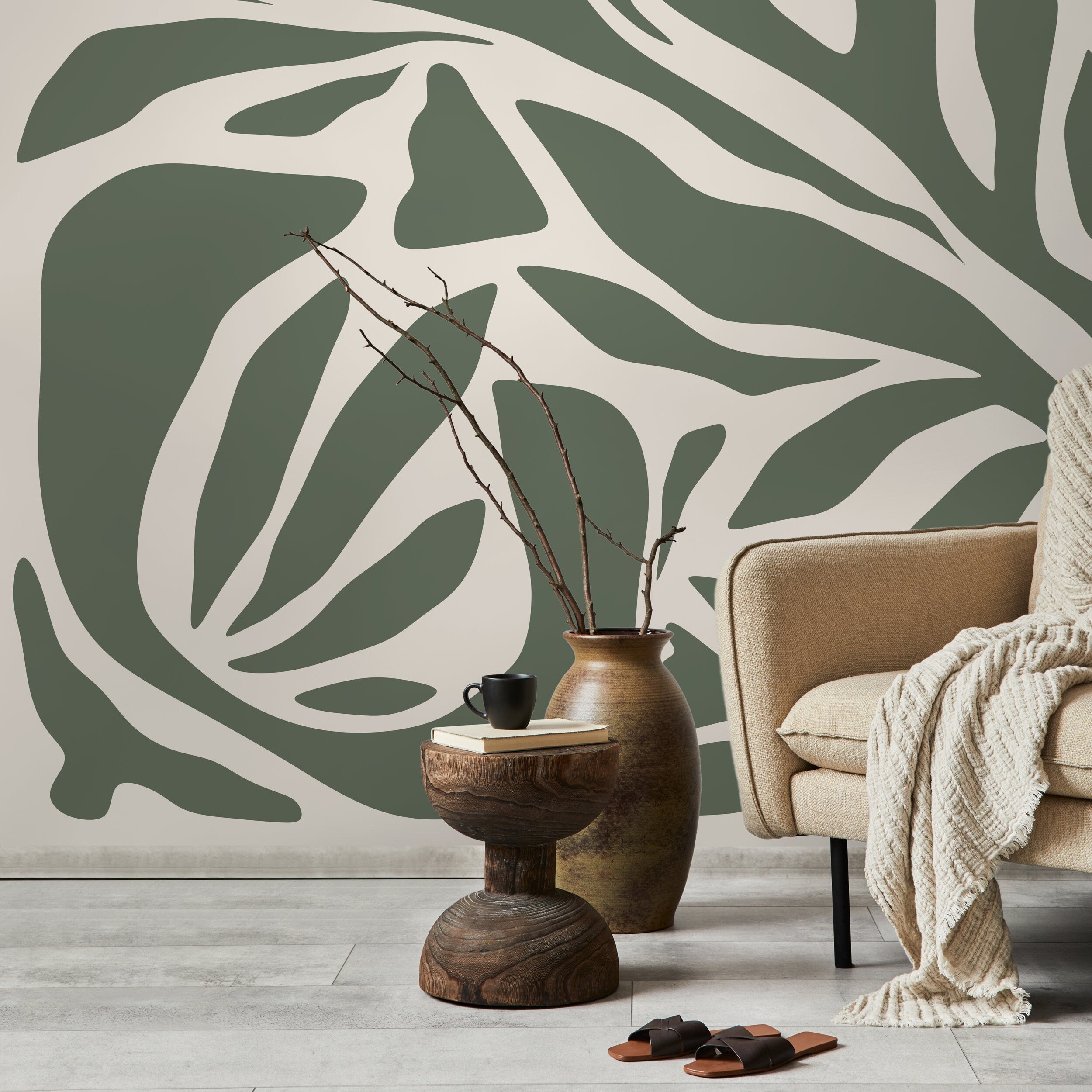 Olive Green Abstract Wallpaper Contemporary Mural Peel and Stick and T