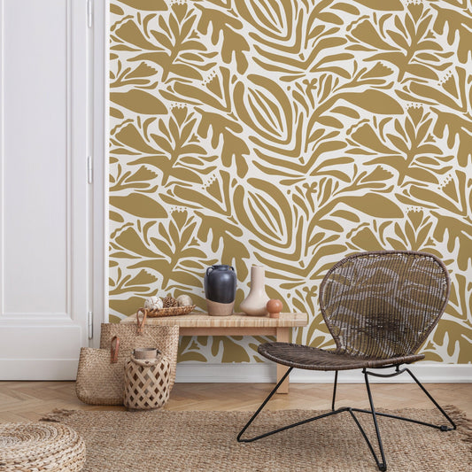 Mustard Floral Wallpaper Abstract Wallpaper Peel and Stick and Traditional Wallpaper - D702