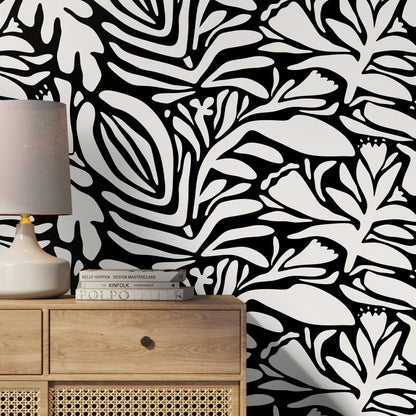 Black and White Floral Wallpaper Abstract Wallpaper Peel and Stick and Traditional Wallpaper - D703