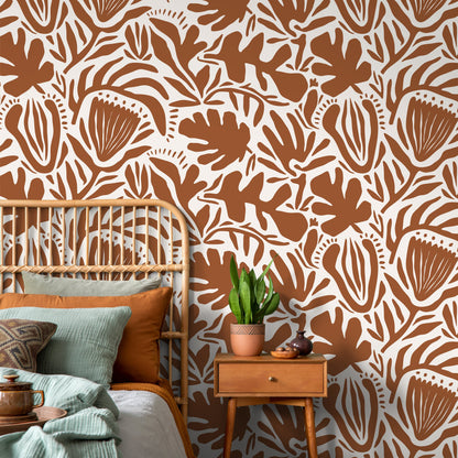 Terracotta Abstract Floral Wallpaper Modern Wallpaper Peel and Stick and Traditional Wallpaper - D709