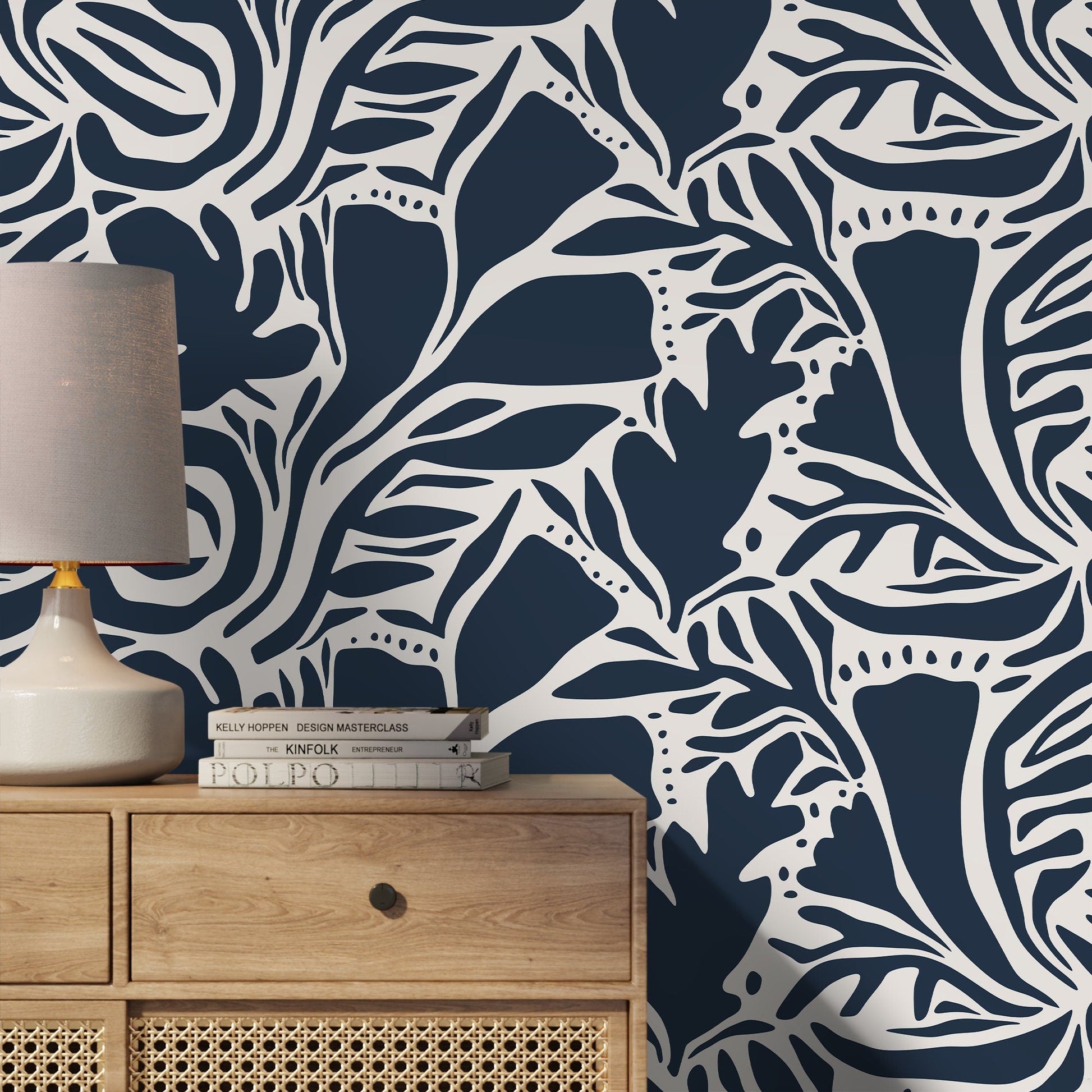 Navy Abstract Leaf Wallpaper Modern Wallpaper Peel and Stick and Traditional Wallpaper - D640