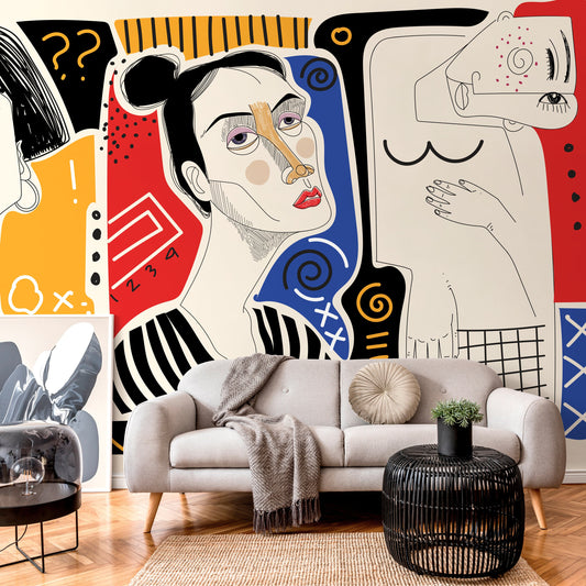 Colorful Abstract Mural Modern Wallpaper Woman Faces Hand Drawing Wallpaper Peel and Stick Wallpaper Home Decor - D579