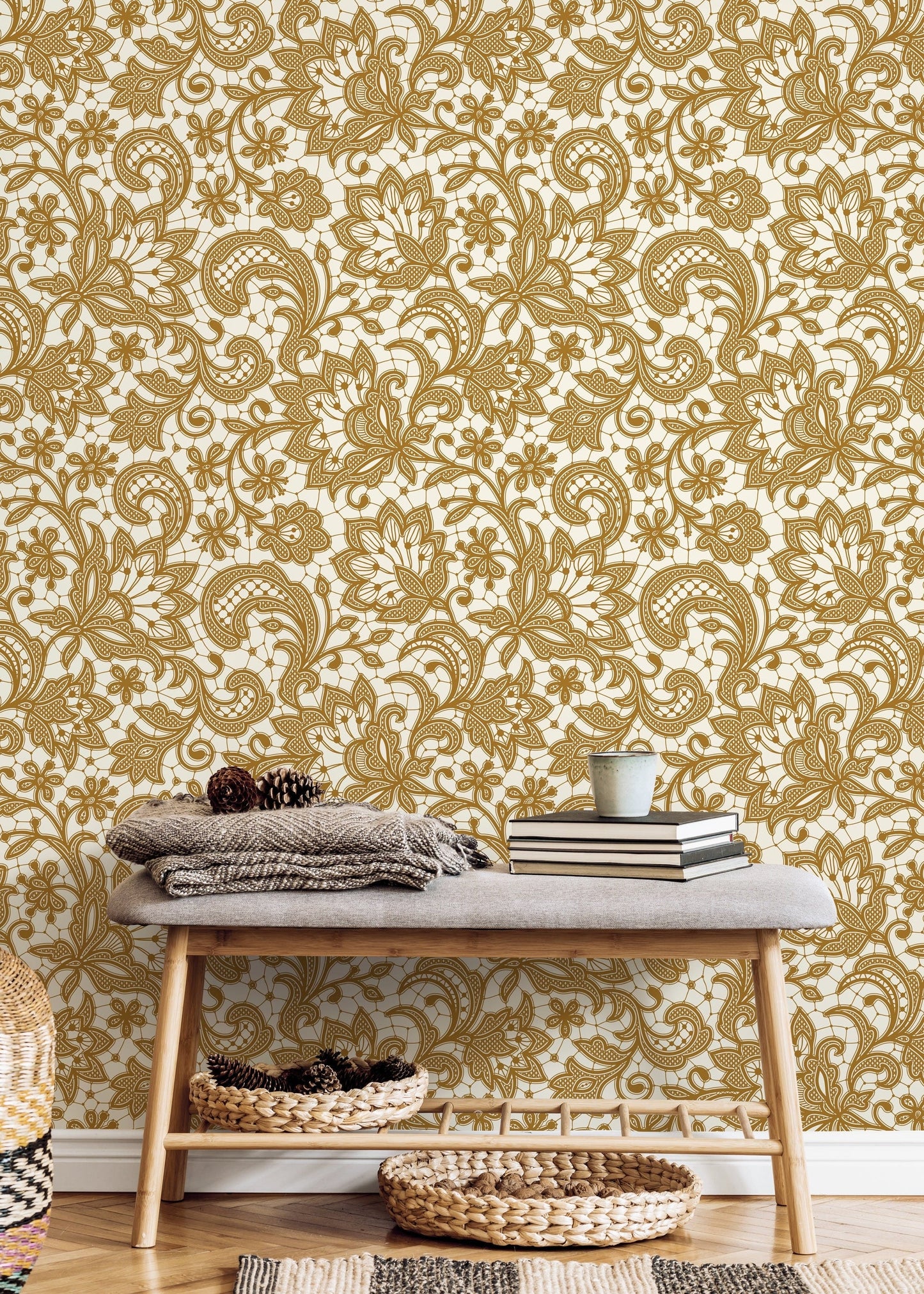 Yellow Ornamental Garden / Peel and Stick Wallpaper Removable Wallpaper Home Decor Wall Art Wall Decor Room Decor - D210