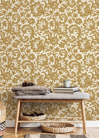 Yellow Ornamental Garden / Peel and Stick Wallpaper Removable Wallpaper Home Decor Wall Art Wall Decor Room Decor - D210