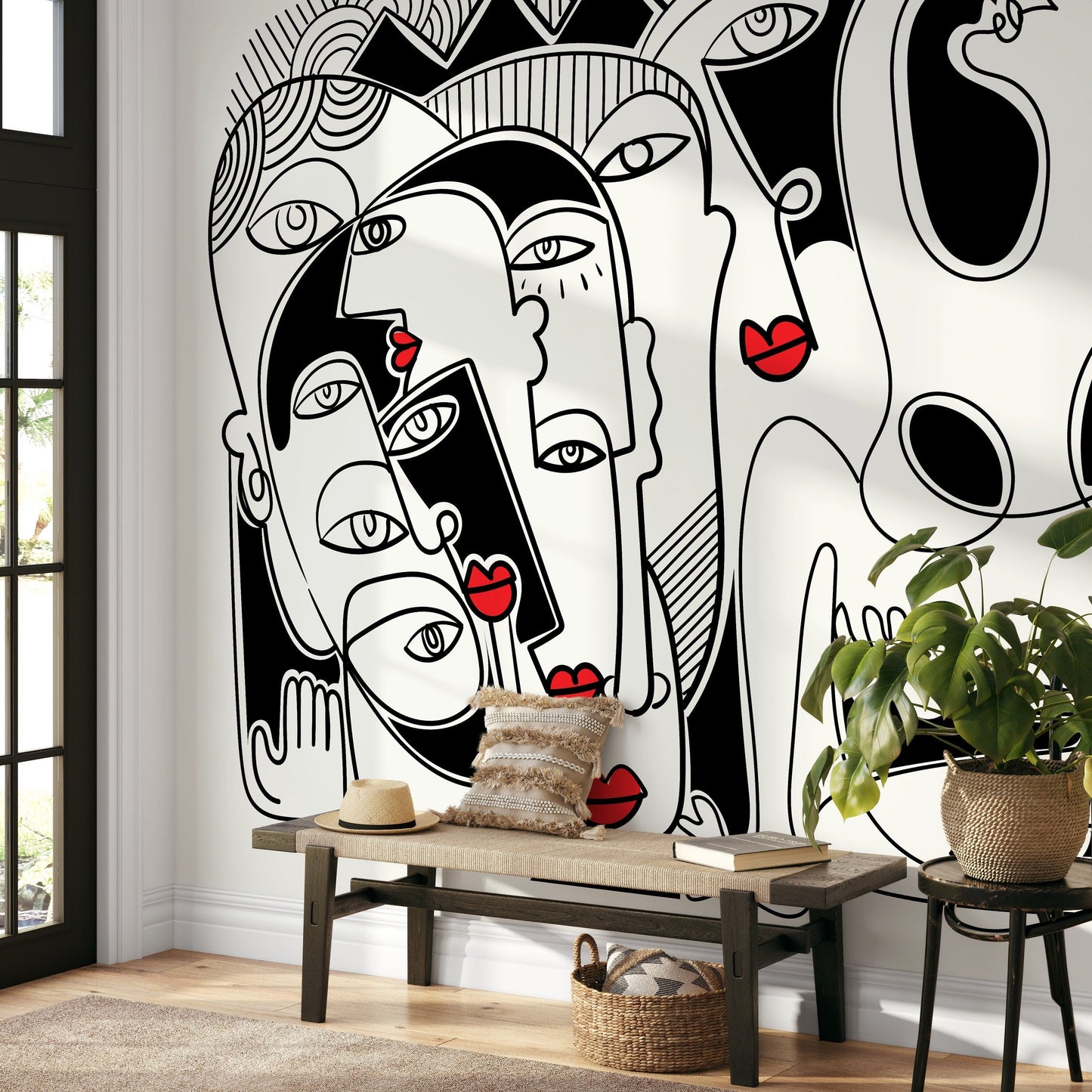 Black and White Line Art Mural Abstract Wallpaper Hand Drawing Wallpaper Peel and Stick Wallpaper Home Decor - D589