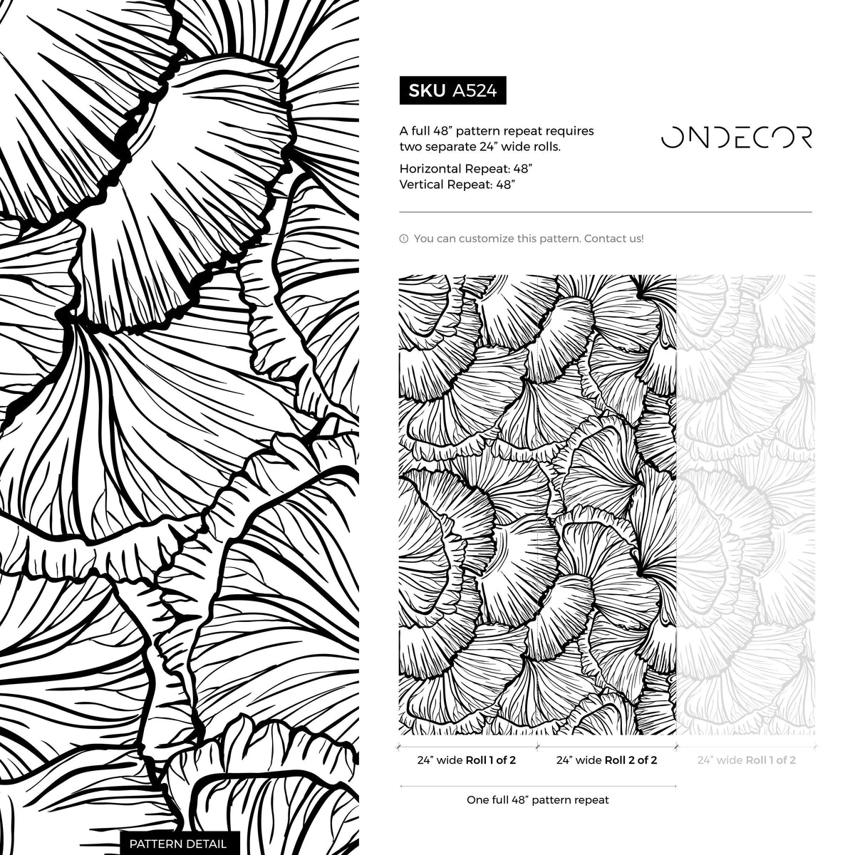 Black and White Wallpaper Abstract Leaves Wallpaper Peel and Stick and Traditional Wallpaper - A524