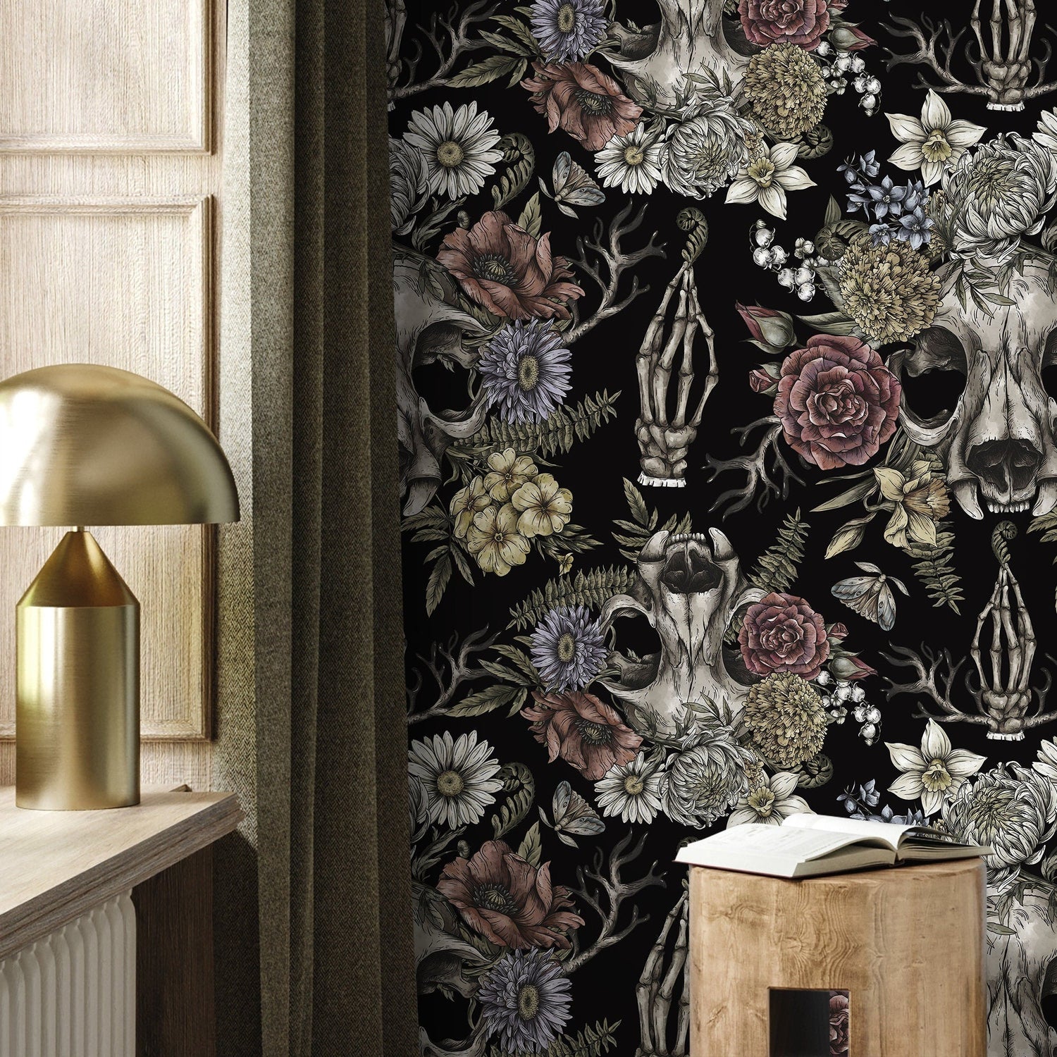 Gothic and Floral Wallpaper Skull and Peony Wallpaper Peel and Stick and Traditional Wallpaper - D832
