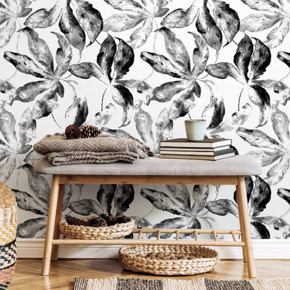 Wallpaper Peel and Stick Wallpaper Removable Wallpaper Home Decor Wall Art Wall Decor Room Decor / Black and White Leaves Wallpaper - D958