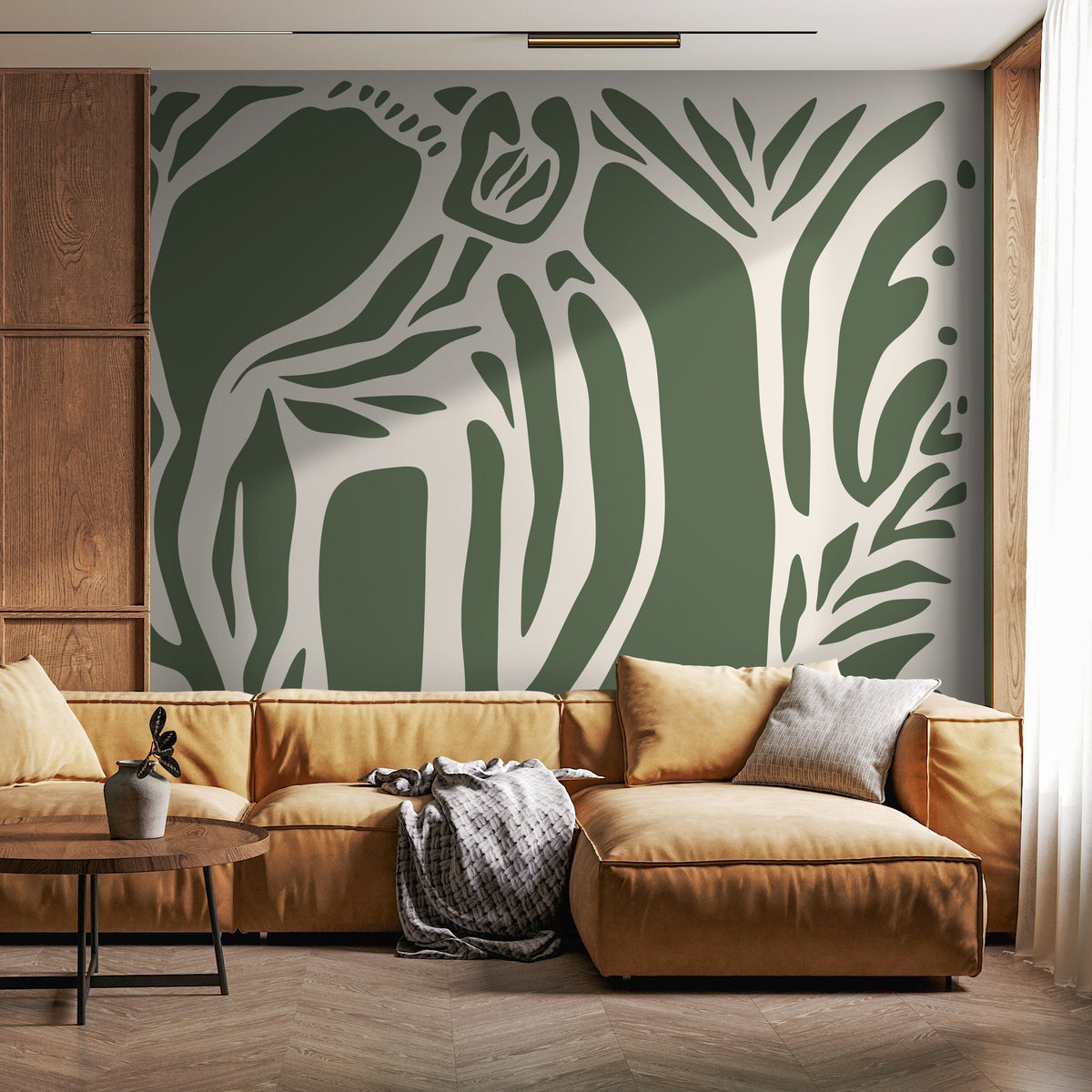 Olive Green Abstract Art Wallpaper Large Boho Wallpaper Peel and Stick and Traditional Wallpaper - D628