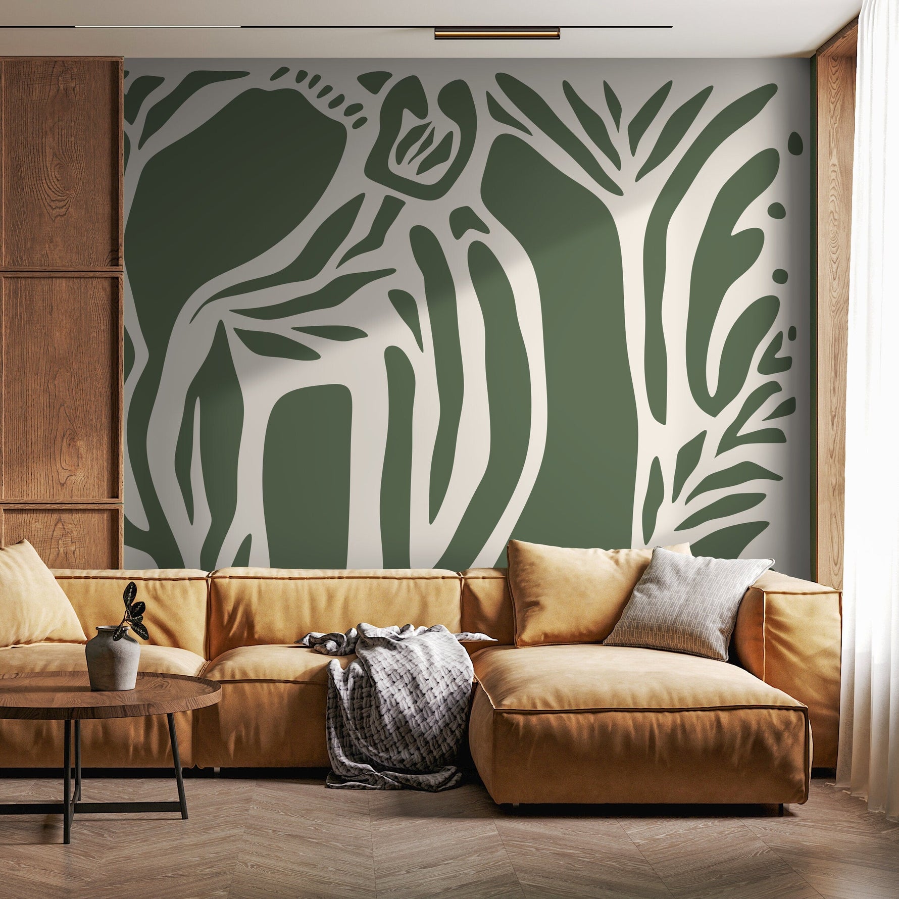 Olive Green Abstract Art Wallpaper Large Boho Wallpaper Peel and Stick and Traditional Wallpaper - D628