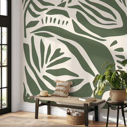 Olive Green Abstract Art Wallpaper Large Boho Wallpaper Peel and Stick and Traditional Wallpaper - D628